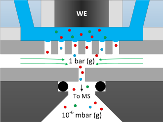 Illustration of the unique EC-MS microchip-based inlet at Spectro Inlets kompared to DEMS