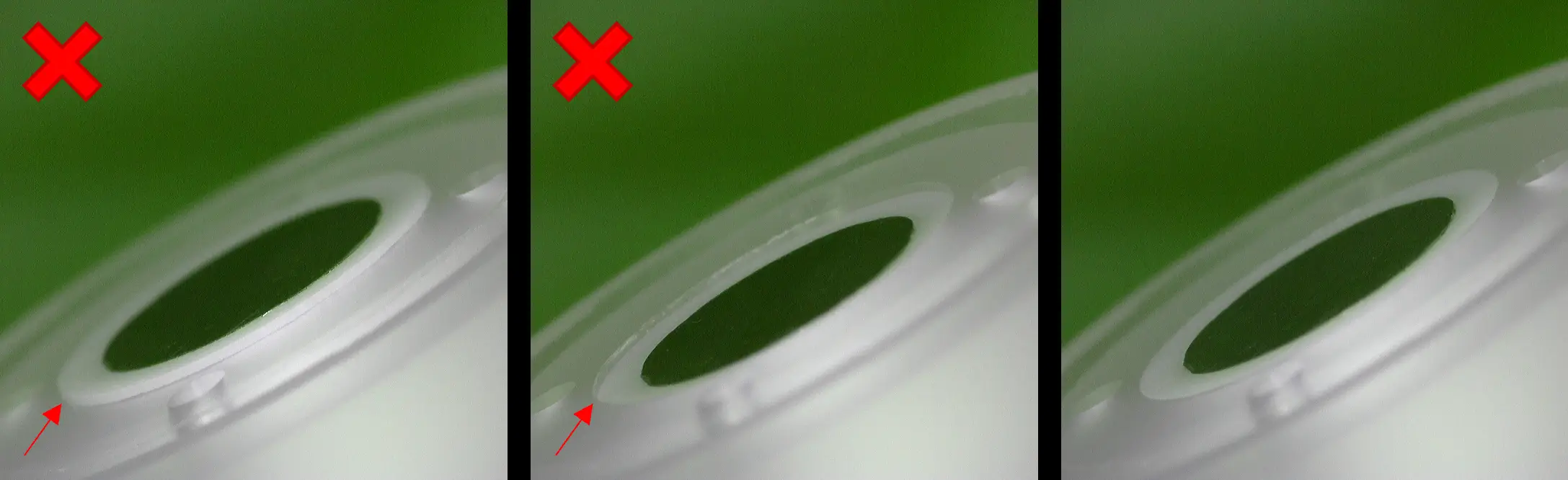Three close-up photos of the EC-MS chip mounting port showing the metal pin and green sample disc, with red X marks and arrows indicating misalignment on two examples compared to a correctly mounted chip