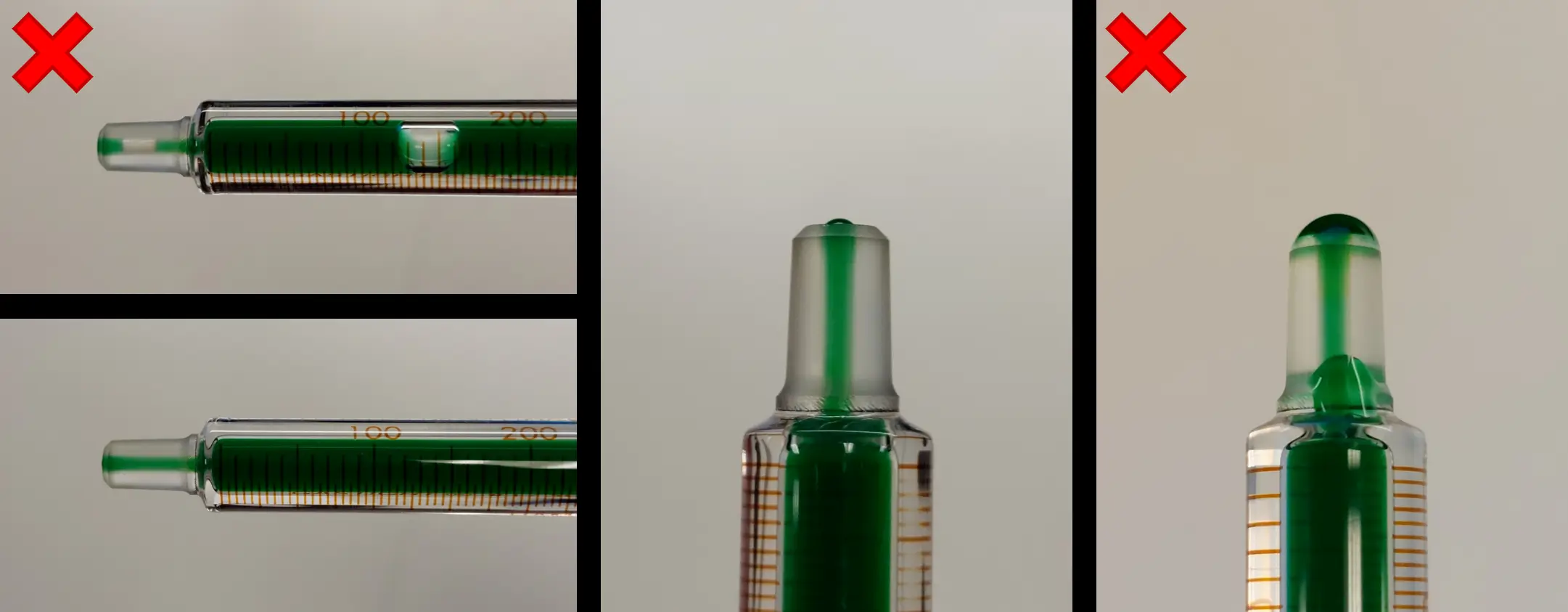 Three close-up photos of a white plastic chip holder with a circular green sample window, with red X marks and arrows highlighting a misaligned seal edge on two examples compared to a correctly seated chip
