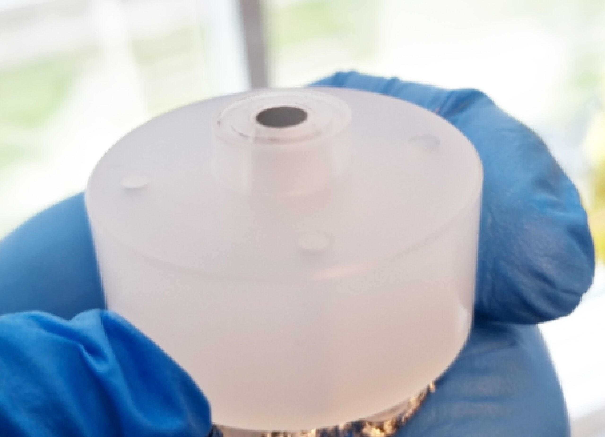 Glassy carbon electrode in the EC-MS cell after the Pd/C ink has dried uniformly, held in a gloved hand