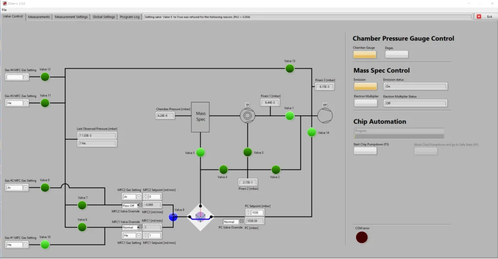 Zilien software status window showing valve control and gas settings for QMS tuning