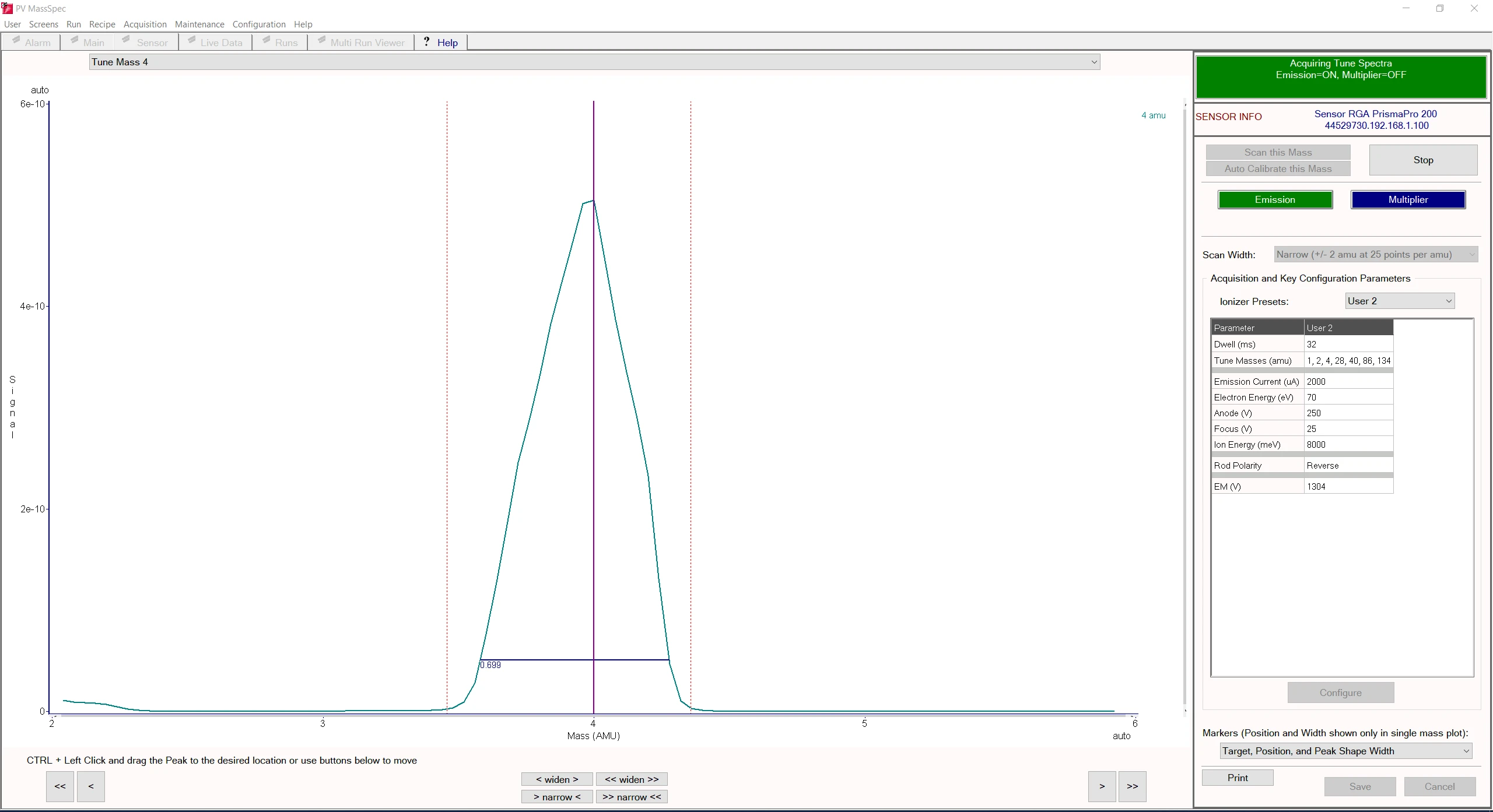Mass 4 peak shape after tuning in PV MassSpec