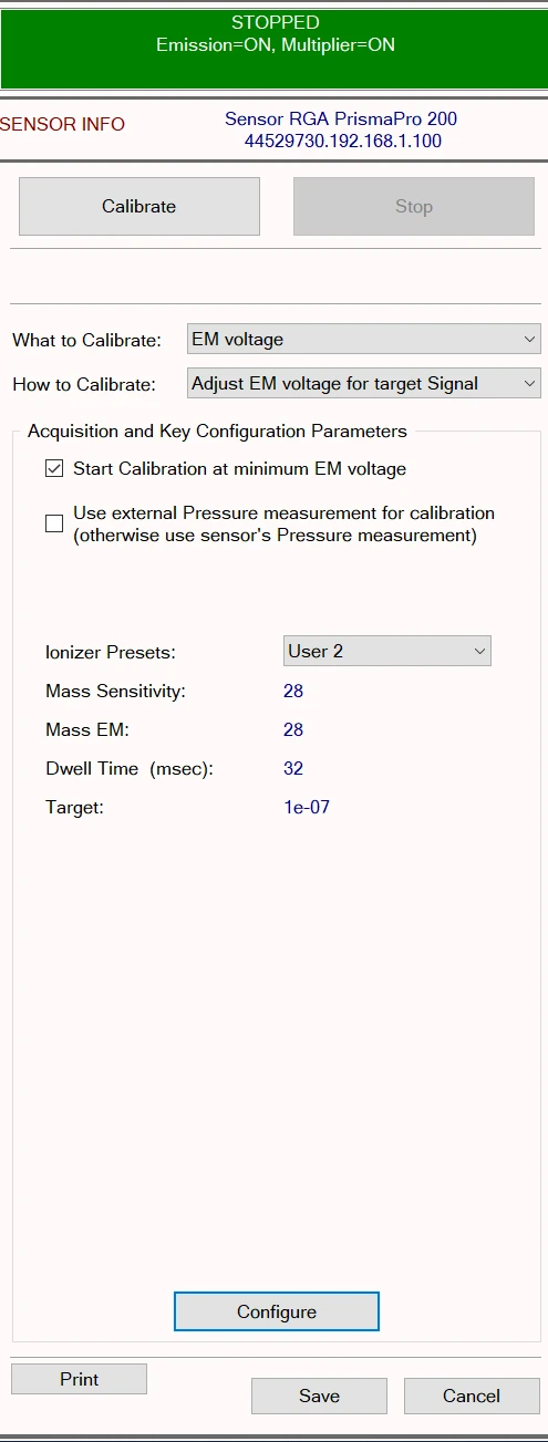 PV MassSpec EM voltage calibration window