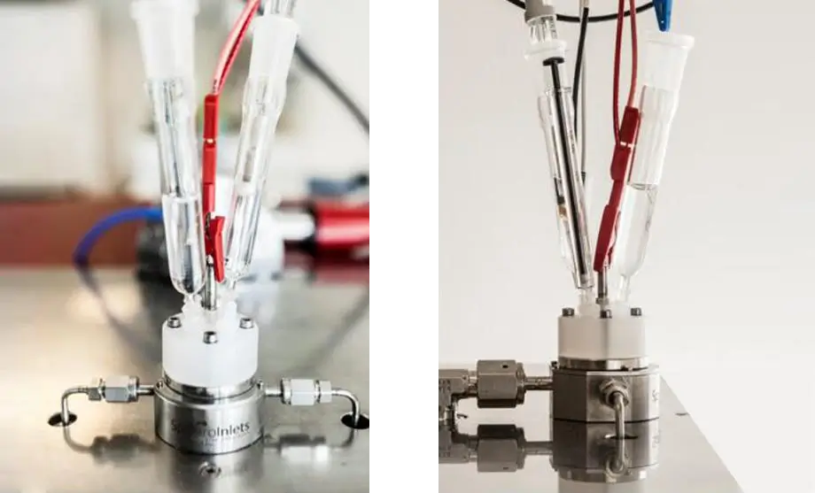Photograph of the EC cell equipped with a B 3420+ Ag/AgCl reference electrode, coiled Pt counter electrode, and gas-tight syringe