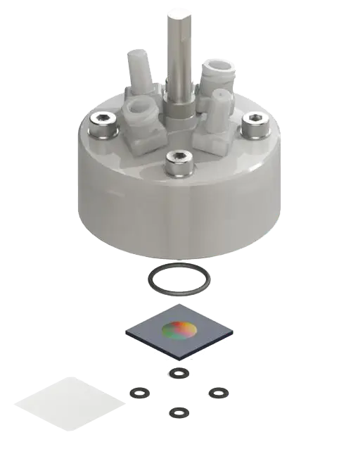 Exploded view showing mounting of the electrochemistry cell onto the membrane chip